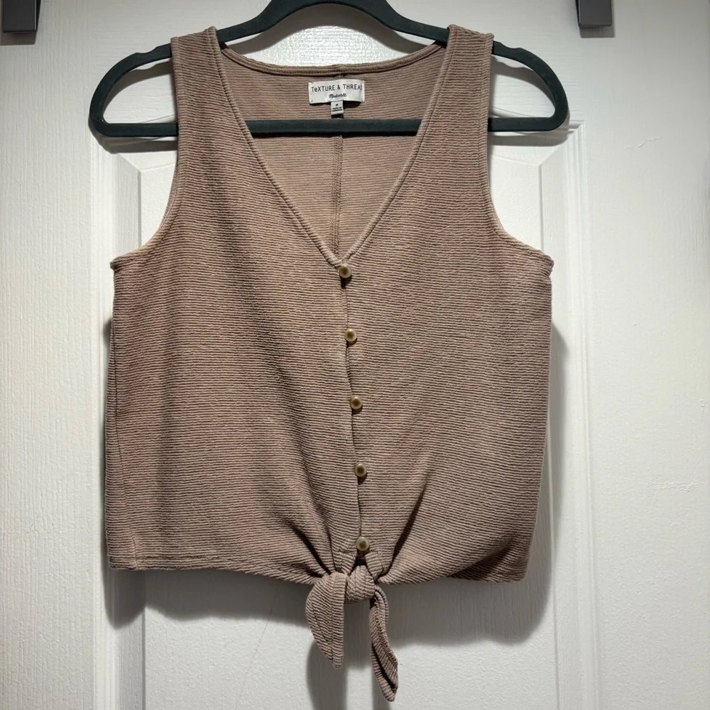 MADEWELL TEXTURE & THREAD Tan Brown Sleeveless Button Front Tie-Front Tank - Picture 2 of 9